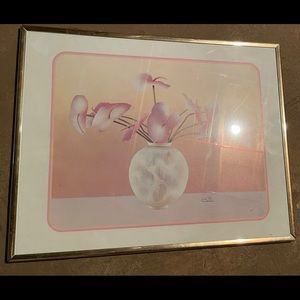 1980s Carlos Rios Pink Flowers Print In Frame
